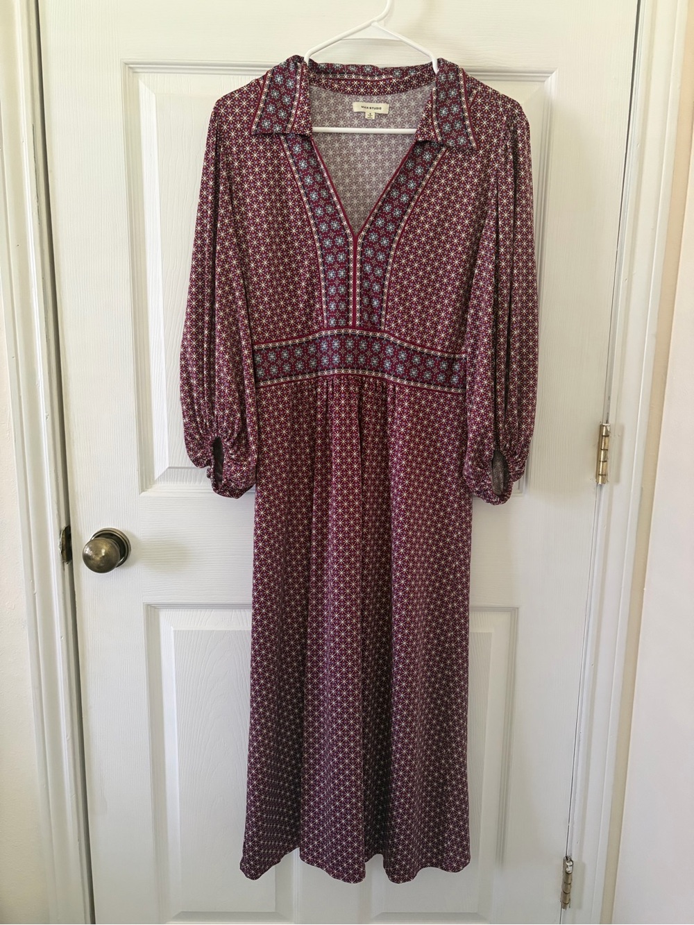 Max Studio Burgundy Patterned V‑Neck Maxi Dress